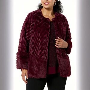 NWT Nina Leonard Wine Color Faux Fur Chevron Bolero Coat size M